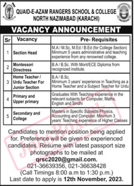 Quaid e Azam Rangers School & College Karachi Latest Advertisement Jobs 2023